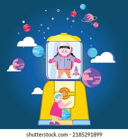 Space theme parks, girls with toys, astronauts, spacecrafts, stars, clouds, Mars.