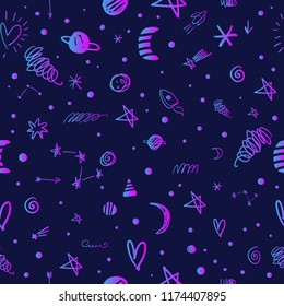 Space theme pattern. Cosmos, set of planets, stars and other elements. Vector illustration