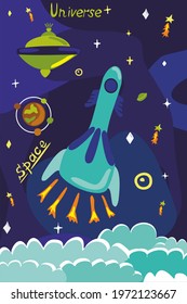space theme rocket in the sky with stars and spaceship