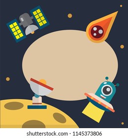 Space theme with satellites, comets, stars, monster aliens, ufo, spaceships, rockets and banners, balloons for your text 