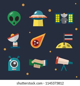 Space theme with satellites, comets, stars, monster aliens, ufo, spaceships, rockets and banners, balloons for your text 