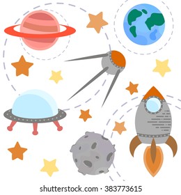 Space theme - set of flat astronomic symbols of planets, rocket, stars, satellite, ufo. Vector illustration