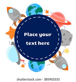 Space theme - set of flat astronomic symbols of planets, rocket, stars, ufo. Background with place for your text. Vector illustration