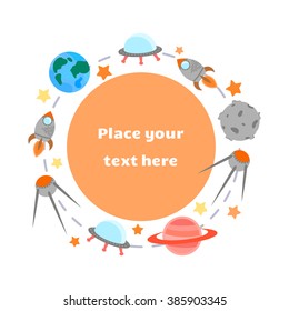 Space theme - set of flat astronomic symbols of planets, rocket, stars, satellite, ufo. Background with place for your text. Vector illustration