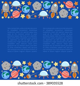 Space theme - set of flat astronomic symbols of planets, rocket, stars, satellite, ufo. Background with place for your text. Vector illustration
