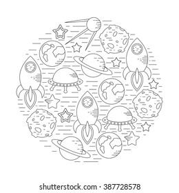 Space theme - set of line astronomic symbols of planets, rocket, stars, satellite, ufo. Vector illustration. Cosmos clipart objects