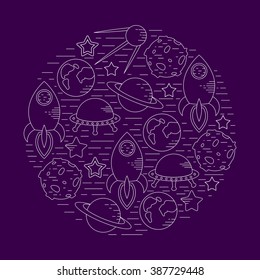 Space theme - set of line astronomic symbols of planets, rocket, stars, satellite, ufo. Vector illustration. Cosmos clipart objects