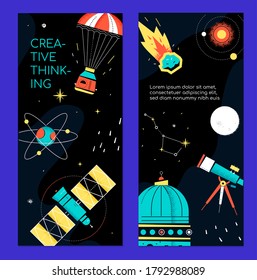 Space theme - set of modern vertical banners with copy space for your text, information. High quality templates with meteorite, solar system, telescope, satellite, capsule, constellation. Galaxy idea