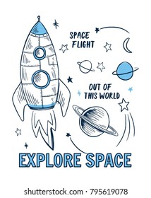 Gráfico de eslóganes espaciales con ilustraciones de cohetes y vectores espaciales. Para pantalones t y otros usos.