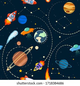 Space theme. Solar system vector kids cartoon planet seamless pattern. Rocket, UFO, planets Illustration, great for wallpaper, textile and texture design. Kids design, fabric, wrapping, apparel.