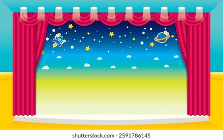 Space Theme Stage with Red Curtains and Cosmic Elements