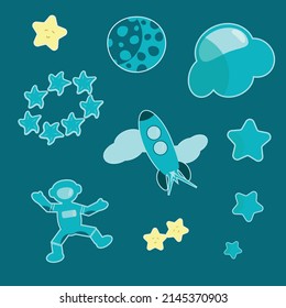 Space theme sticker set with astronaut, planet, stars, rocket, flying saucer on dark green background