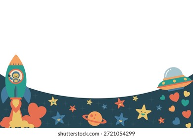 Fondo del día de San Valentín del tema del espacio con el espacio de copia del borde inferior. Plantilla con nave cohete y OVNI de haz de corazón. Diseño plano de Vector para Anuncio o tarjeta escolar amigable para niños.