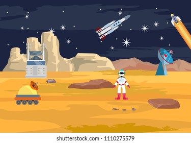 Space theme vector concept illustration, robots and astronouts, on allien planet, cosmic station,  stars, comets, flat vector