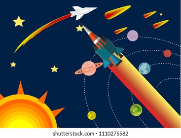 Space theme vector concept illustration, rockets flying in the univers, planets and stars, comets, flat vector