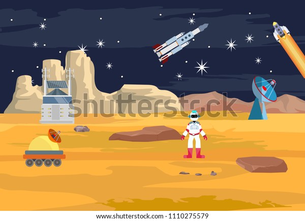 Space theme vector concept illustration, robots and astronouts, on alien planet, cosmic station, stars, comets, flat vector