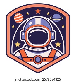 Space themed astronaut helmet badge with planets