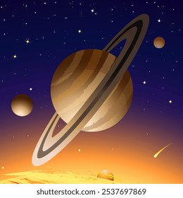 Space themed background. Planet Saturn with its moons in the starry sky, comet and sun. Vector illustration for postcard, poster, book cover. Gradient.