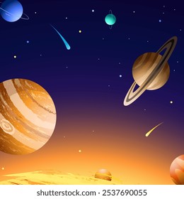 Space themed background. Sun, colorful planets, starry sky and comets. Vector illustration for card, poster, book cover. Gradient.