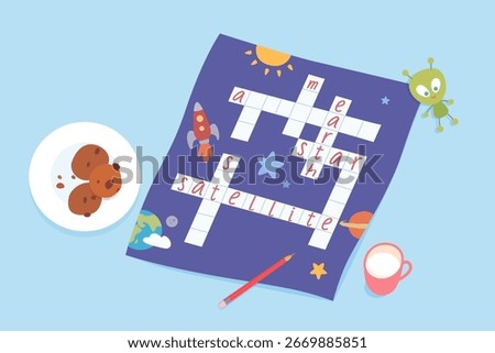 Space themed crossword puzzle with rocket and planet illustrations. Educational game for kid and children learning about astronomy. Cartoon vector illustration.