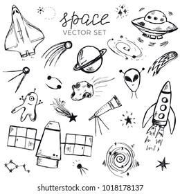 Space themed doodle set. Planets, stars, UFO and other cosmic elements.
