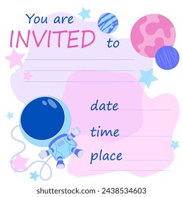 Tarjeta de invitación con tema espacial con astronauta, planetas coloridos y estrellas sobre fondo blanco. Copiar espacio. Ilustración vectorial para invitaciones, tarjeta, impresión.
