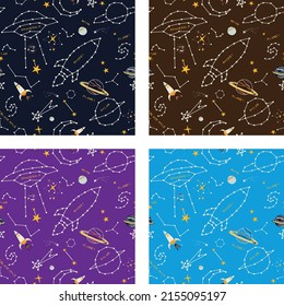 Space themed seamless vector print design. It can be used for baby, kid, teen t-shirt print, poster, wallpaper, celebration, greeting and invitation in 4 different background colors.