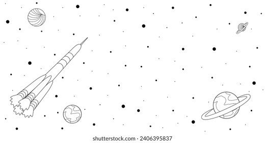 Plantilla con temática espacial con cohete, planetas y estrellas. Blanco y negro. Copiar espacio. Ilustración vectorial.