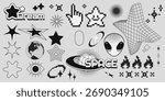 Space themed y2k sticker icon set with pixel stars, alien face and wireframe geometry for retro digital aesthetic. Black and white planet Earth, sparkles and dot patterns. Nostalgic design elements.