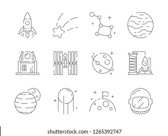 Space thin icon. Universe earth discovery astronaut rocket observatory stars telescope alien vector outline symbols
