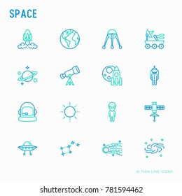 Space thin line icons set: rocket, Earth, lunar rover, space station, telescope, alien, meteorite. Modern vector illustration.