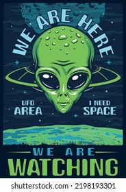 Space threat poster vintage colorful face mystical alien with UFO and warning words about observations of inhabitants earth vector illustration