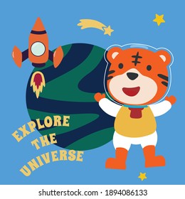 Space tiger or astronaut in a space suit with cartoon style. Creative vector childish background for fabric, textile, nursery wallpaper, poster, card, brochure. and other decoration.