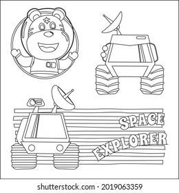 Space tiger or astronaut in a space suit with cartoon style, funny little space explorer. Creative vector Childish design for kids activity colouring book or page.