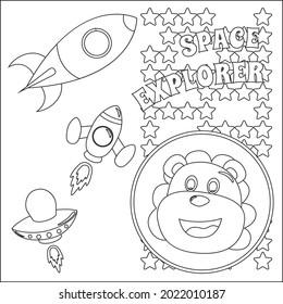Space tiger or astronaut in a space suit with cartoon style, funny little space explorer. Creative vector Childish design for kids activity colouring book or page.