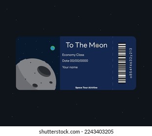 Billete de excursión espacial de Eart a la Luna. Billete de avión de clase económica. Ilustración mínima del vector espacial.