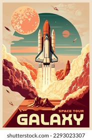 Space tour vintage flyer colorful with intergalactic shuttle taking off from surface uninhabited planet and traveling around universe vector illustration