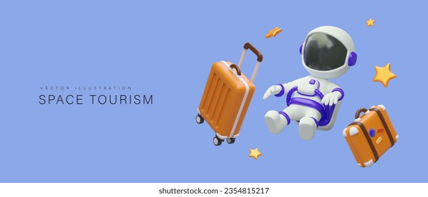 Weltraumtourismus. Astronaut mit Koffern im Weltraum. Reisen Sie zur Erdumlaufbahn. Flug zu einem anderen Planeten. Luxuriöse teure Flüge. Farbkonzept mit 3D-Illustration und Platz für Text