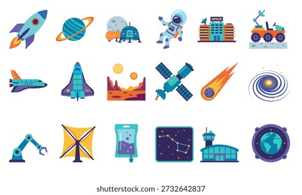 Space Tourism and Astronomy Vector Icon Set. Flat Design Collection of Rocket, Astronaut, Planets, and Rover for Science Education.
