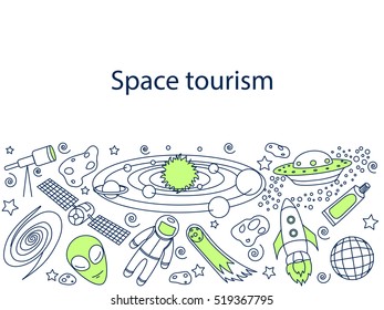 Space tourism banner vector illustration. Green technology. Icons line art set