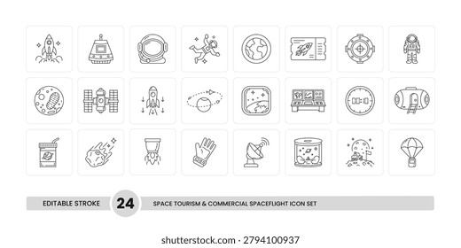 Space tourism and commercial spaceflight editable stroke line vector stock icon set.