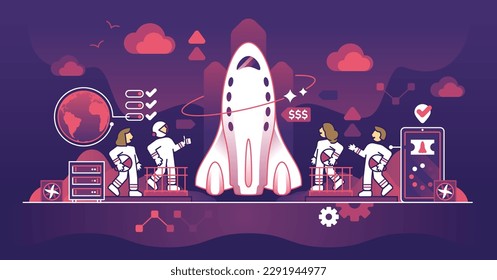 Concepto de esquema de turismo espacial y viajes espaciales comerciales con pasajeros. Turistas civiles con espacio para viajar en la ilustración de los vectores del cosmos. Cohetes con astronautas y piloto. Avión de estratosfera.