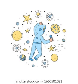 Space tourism concent. Astronaut dressed in helmet and suit in an open space. Cosmonauts floating in universe surrounded stars. Round composition. Vector illustartion.