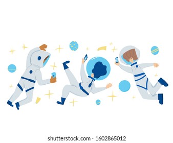 Space tourism concent. Group of astronauts dressed in helmet and suit in an open space and taking a picture with their phones. Female cosmonauts floating in universe. Vector illustartion.