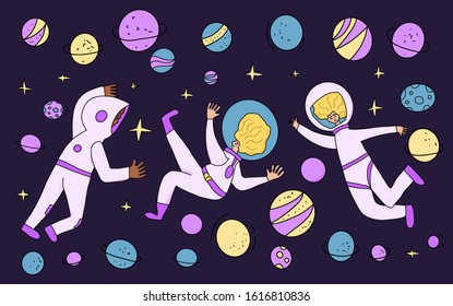 Space tourism concent. Group of astronauts dressed in helmet and suit in an open space. Female cosmonauts floating in universe surrounded a planet and stars. Vector illustartion.