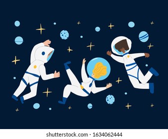 Space tourism concent. Group of astronauts dressed in helmet and suit in an open space. Female cosmonauts floating in universe surrounded a planet and stars. Vector illustartion.