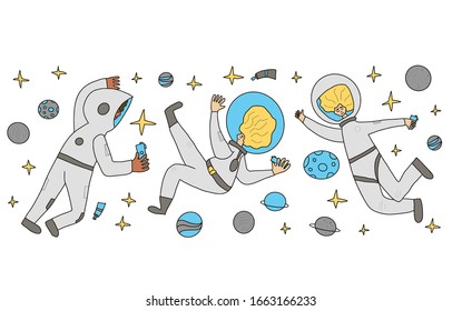 Space tourism concent. Group of astronauts dressed in helmet and suit in an open space. Female cosmonauts floating in universe surrounded a planet and stars. Vector illustartion.