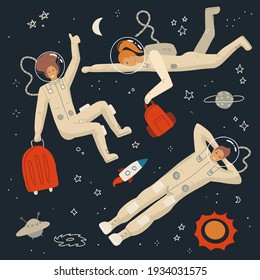 Space tourism concent. Group of astronauts dressed in helmet and suit in an open space. Female cosmonauts floating in universe surrounded a planet and stars. Vector flat hand drawn illustartion