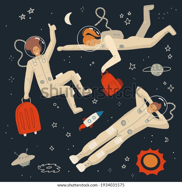 Space tourism concent. Group of astronauts\
dressed in helmet and suit in an open space. Female cosmonauts\
floating in universe surrounded a planet and stars. Vector flat\
hand drawn illustartion