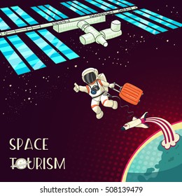 Space tourism concept. Astronaut with travel bag. Shuttle, Planet Earth. International Space Station. Retro style design for print card, web. Vector cartoon illustration